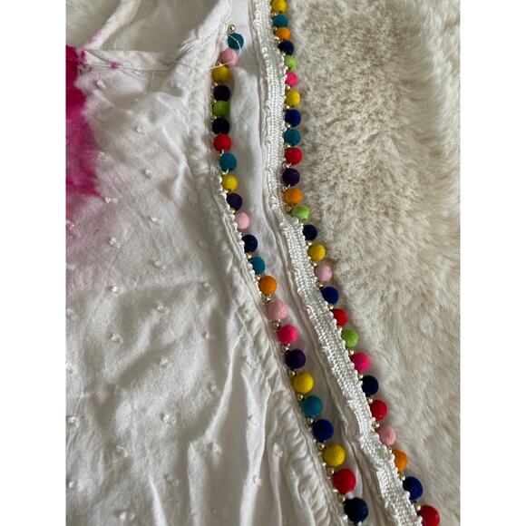 Entro Gauzy White Pink Tie Dye Colorful PomPom Spaghetti Strap Tank Sz L - Picture 5 of 12